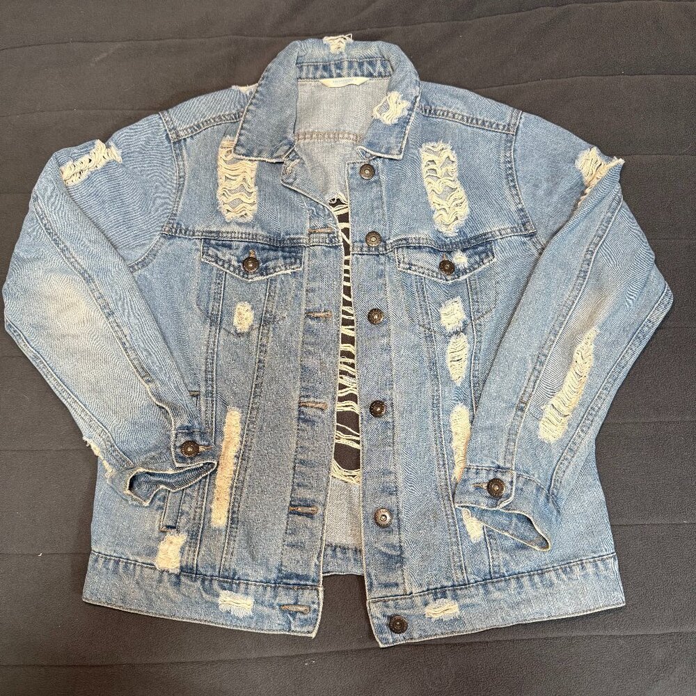 Distressed denim trucker jacket- Size S